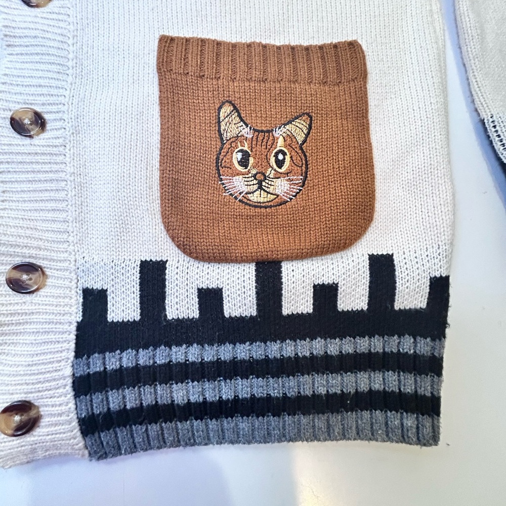 Enguolin Cat Pocket Oversized Cardigan Cream Knit Distressed Indie Twee Size XL - Picture 7 of 11